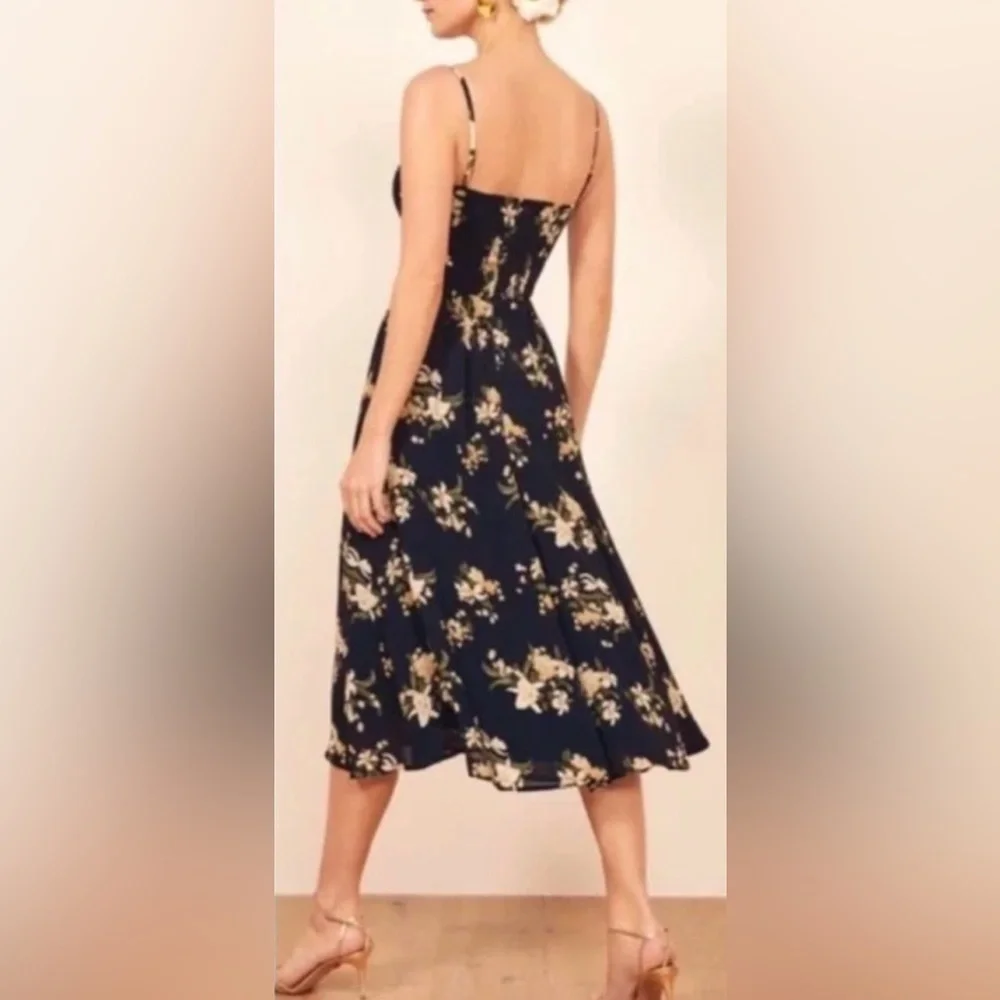Reformation Navy Floral Midi Dress pre-owned - Picture 2 of 8